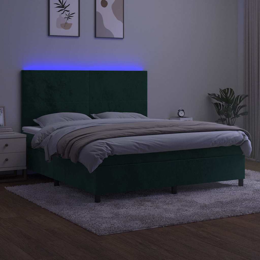 Krevet box spring s madracem LED tamnozeleni 160x200 cm baršun