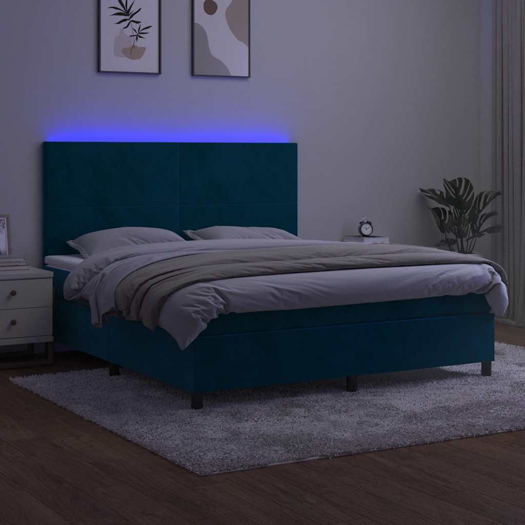 Krevet box spring s madracem LED tamnoplavi 180x200 cm baršun