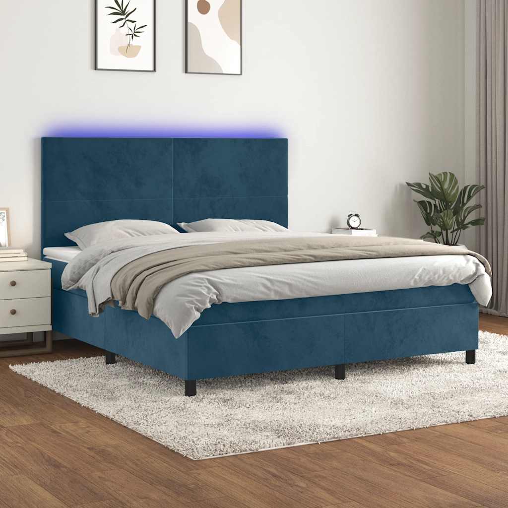 Krevet box spring s madracem LED tamnoplavi 180x200 cm baršun