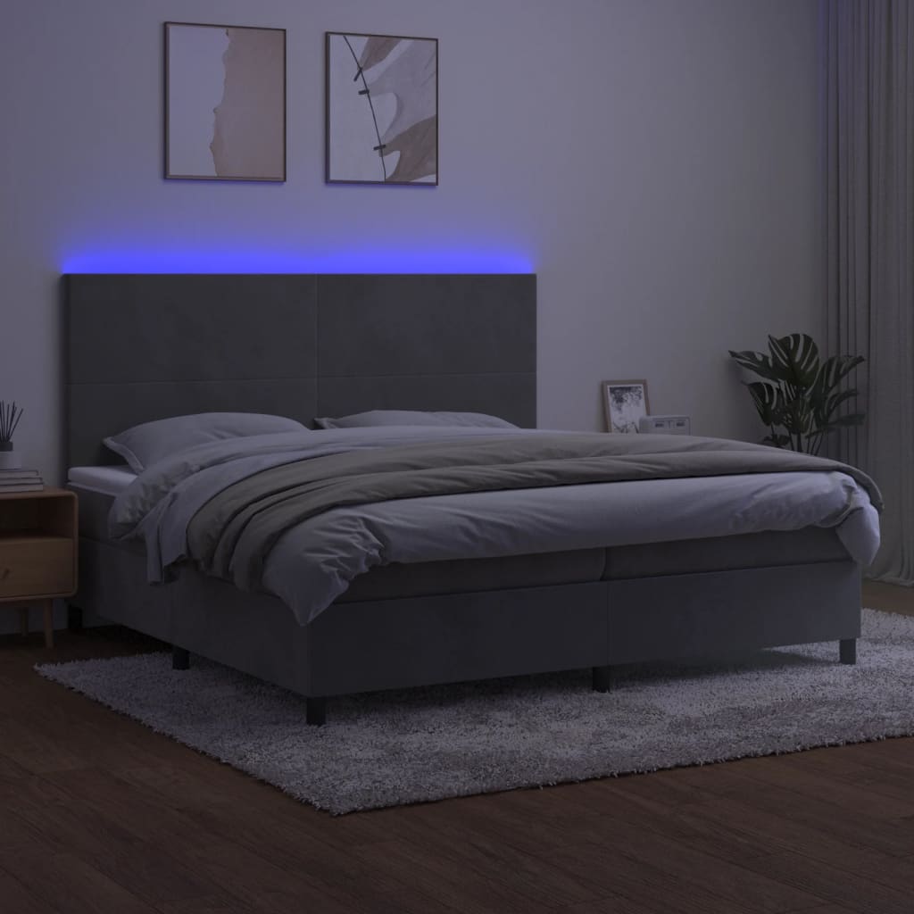 Krevet box spring s madracem LED svjetlosivi 200x200 cm baršun