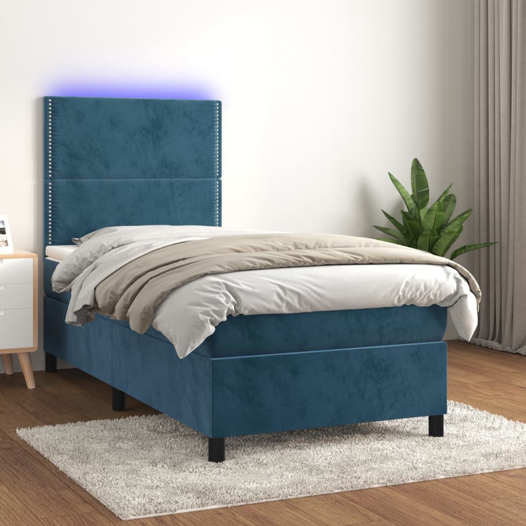 Krevet box spring s madracem LED tamnoplavi 80 x 200 cm baršun