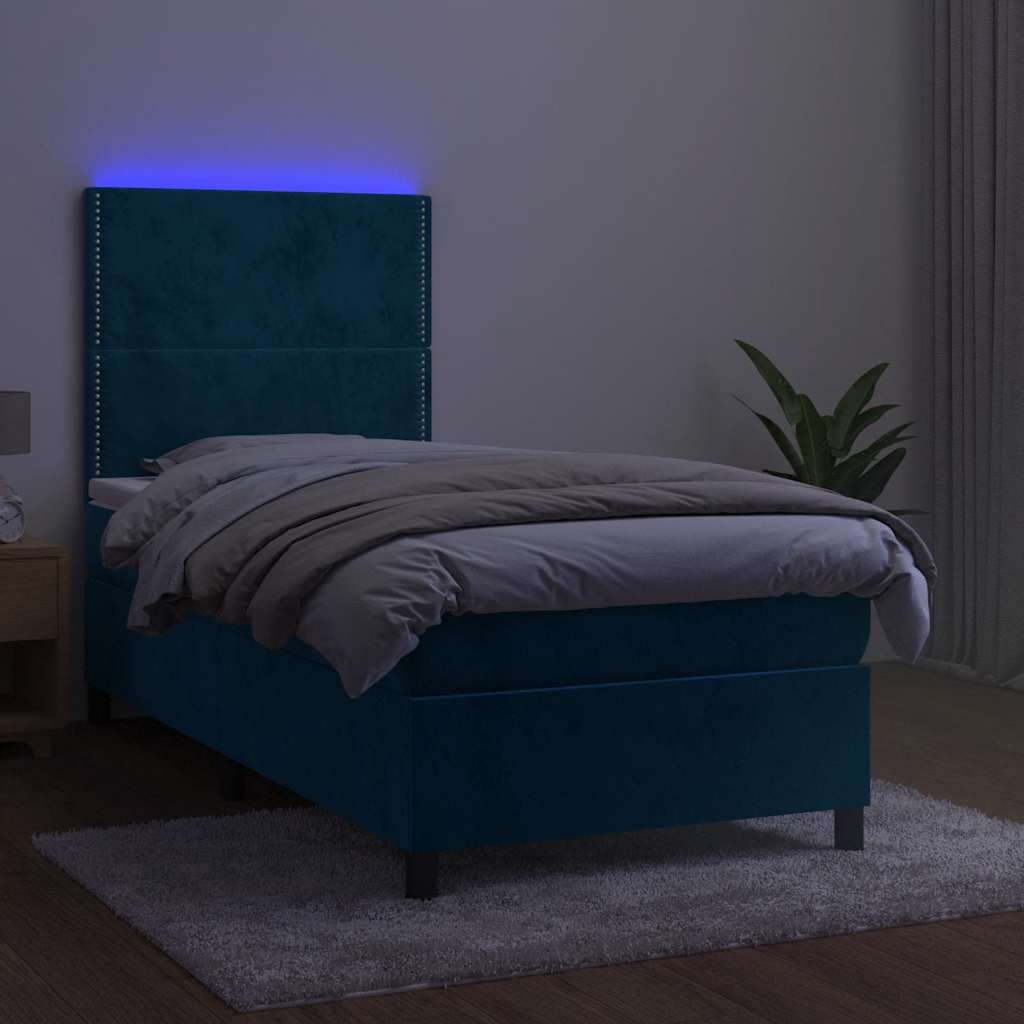 Krevet box spring s madracem LED tamnoplavi 90x200 cm baršun