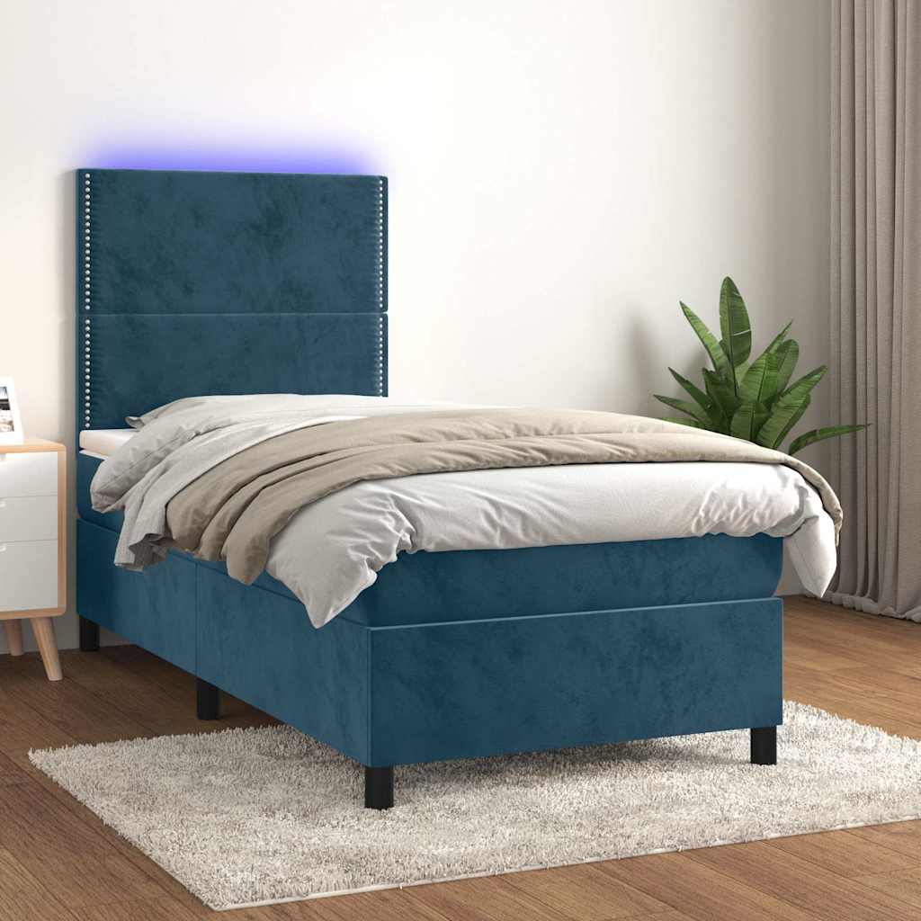 Krevet box spring s madracem LED tamnoplavi 90x200 cm baršun