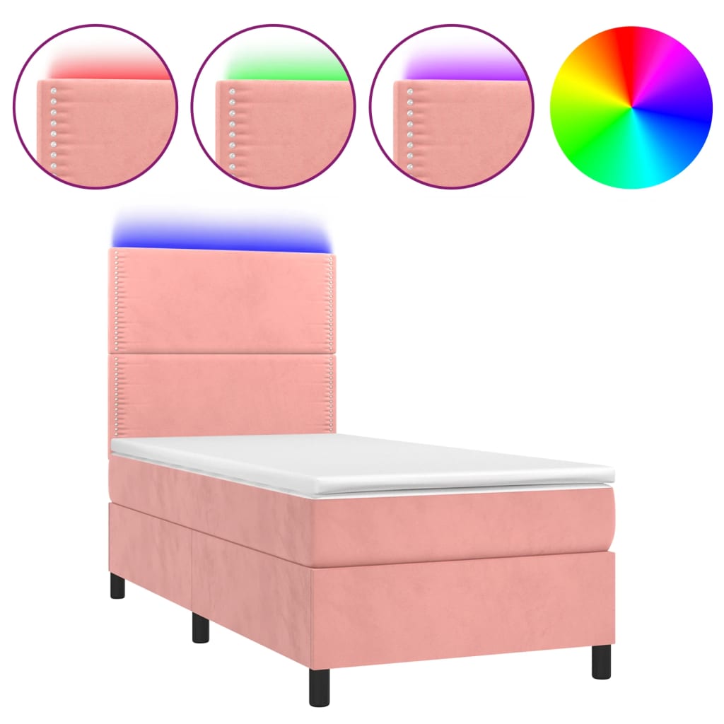Krevet box spring s madracem LED ružičasti 90x200 cm baršunasti