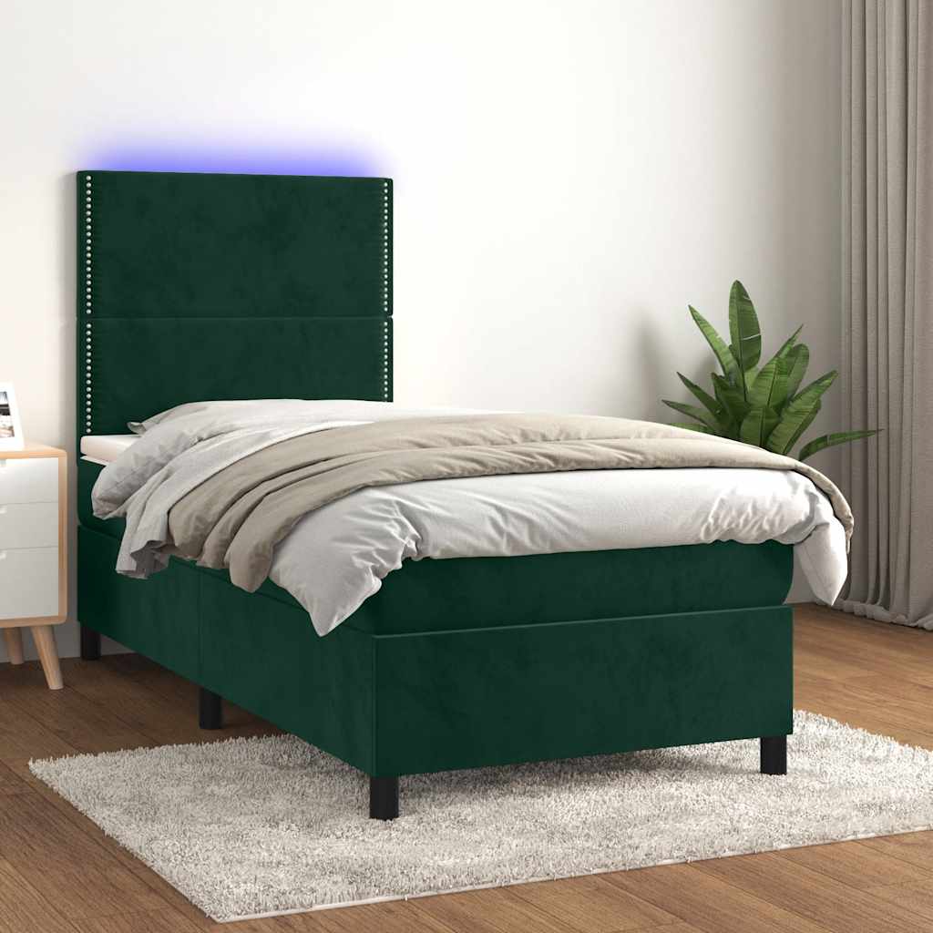 Krevet box spring s madracem LED tamnozeleni 100x200 cm baršun