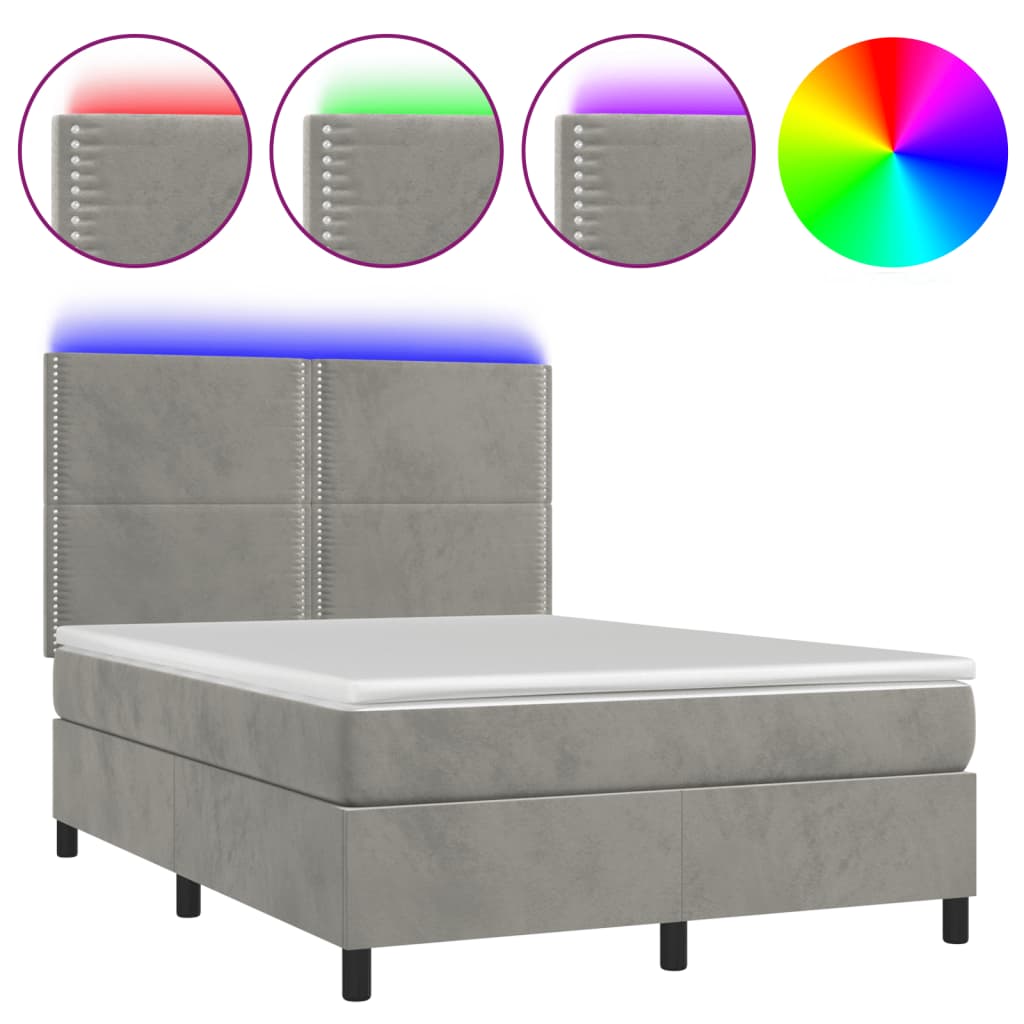 Krevet box spring s madracem LED svjetlosivi 140x200 cm baršun