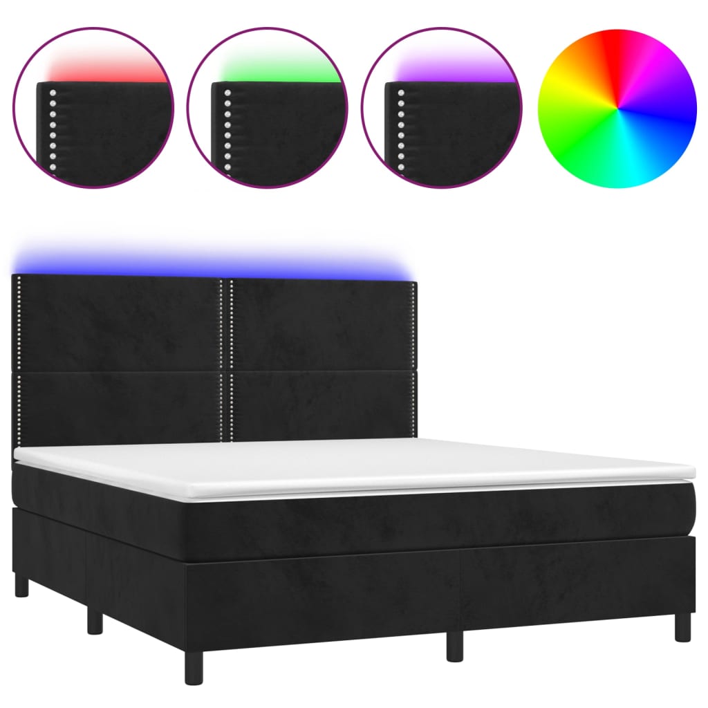 Krevet box spring s madracem LED crni 180x200 cm baršun