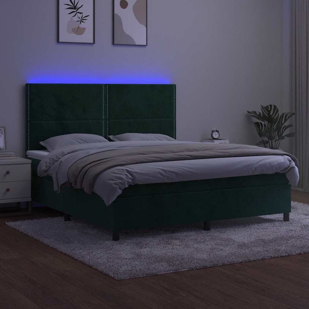 Krevet box spring s madracem LED tamnozeleni 180x200 cm baršun
