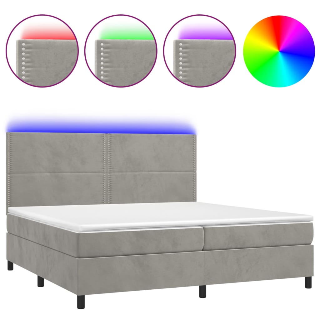 Krevet box spring s madracem LED svjetlosivi 200x200 cm baršun