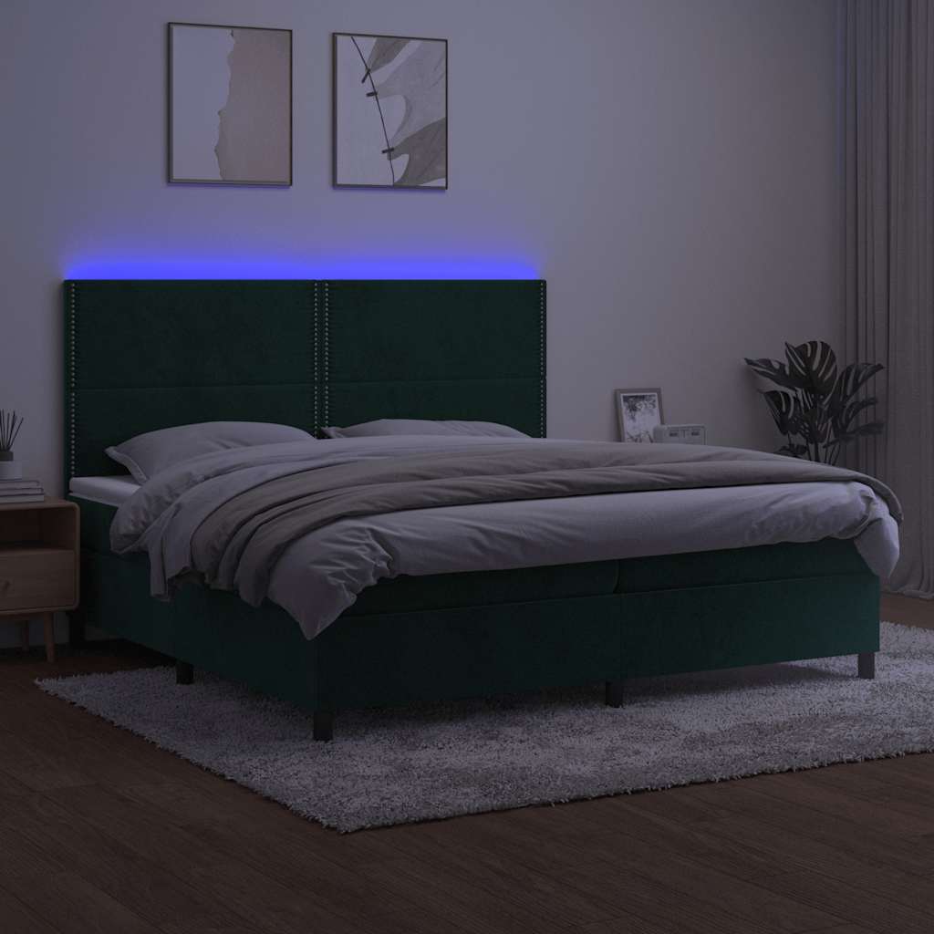 Krevet box spring s madracem LED tamnozeleni 200x200 cm baršun