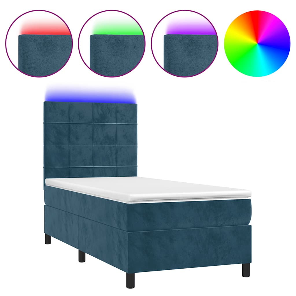 Krevet box spring s madracem LED tamnoplavi 90x190 cm baršun