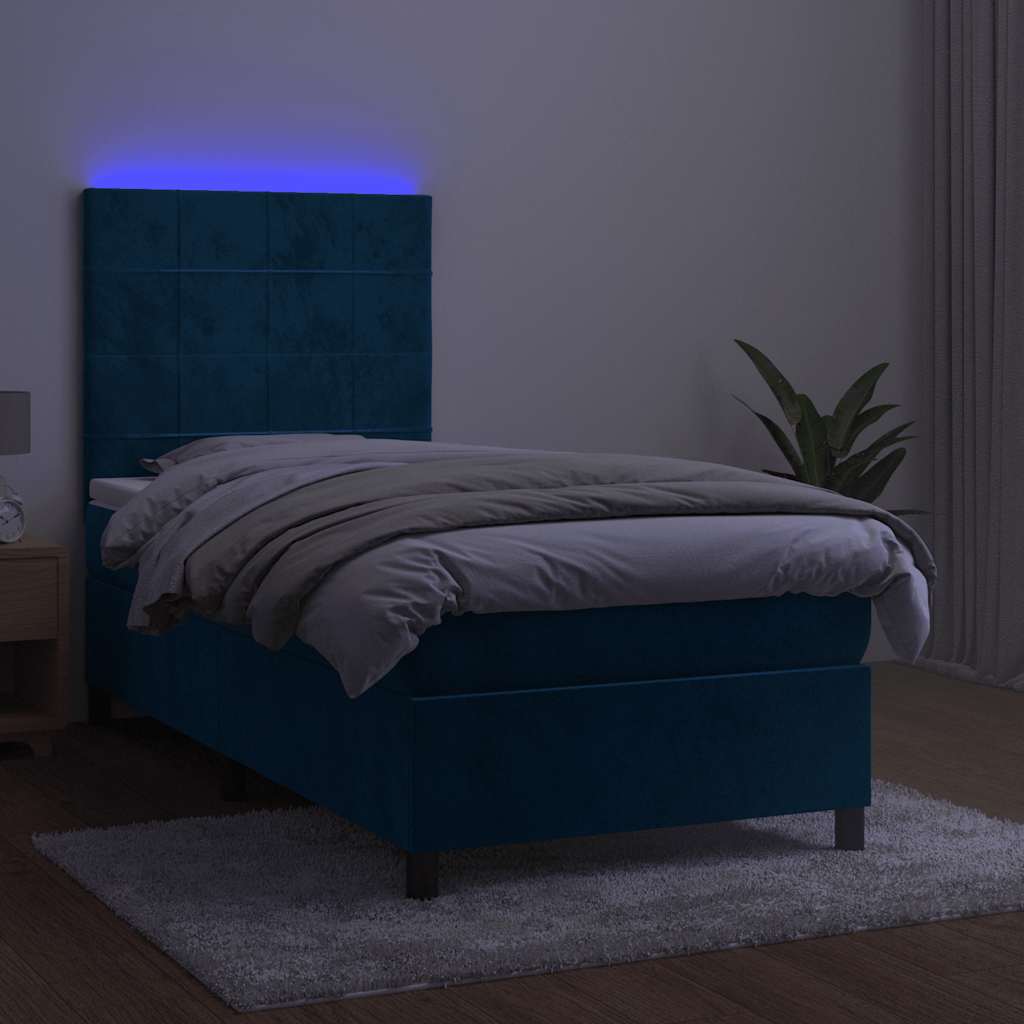 Krevet box spring s madracem LED tamnoplavi 90x190 cm baršun
