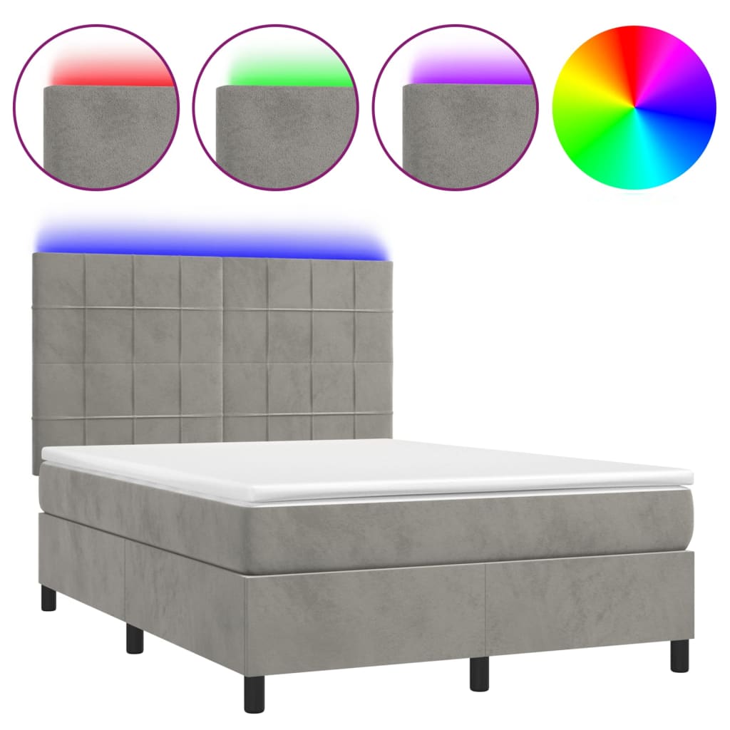 Krevet box spring s madracem LED svjetlosivi 140x200 cm baršun