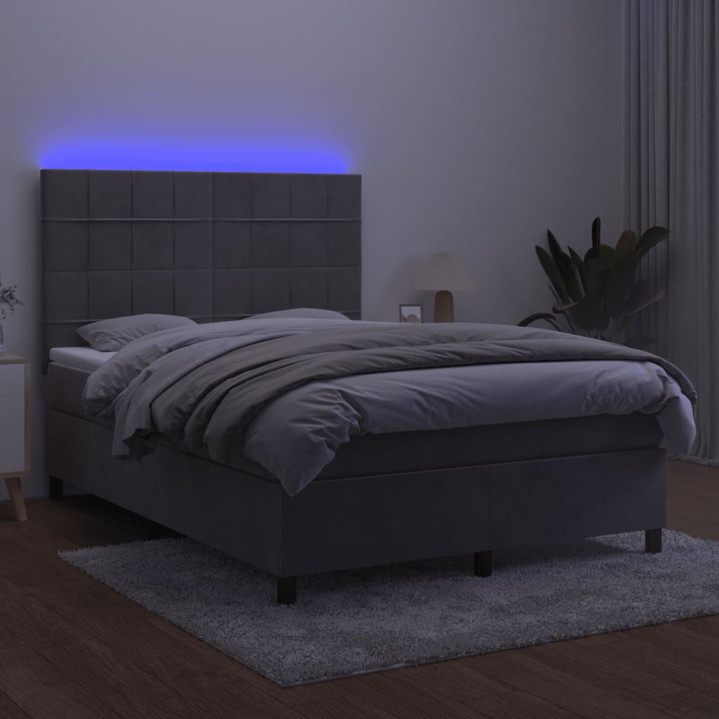 Krevet box spring s madracem LED svjetlosivi 140x200 cm baršun