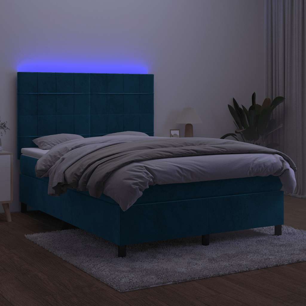 Krevet box spring s madracem LED tamnoplavi 140x200 cm baršun
