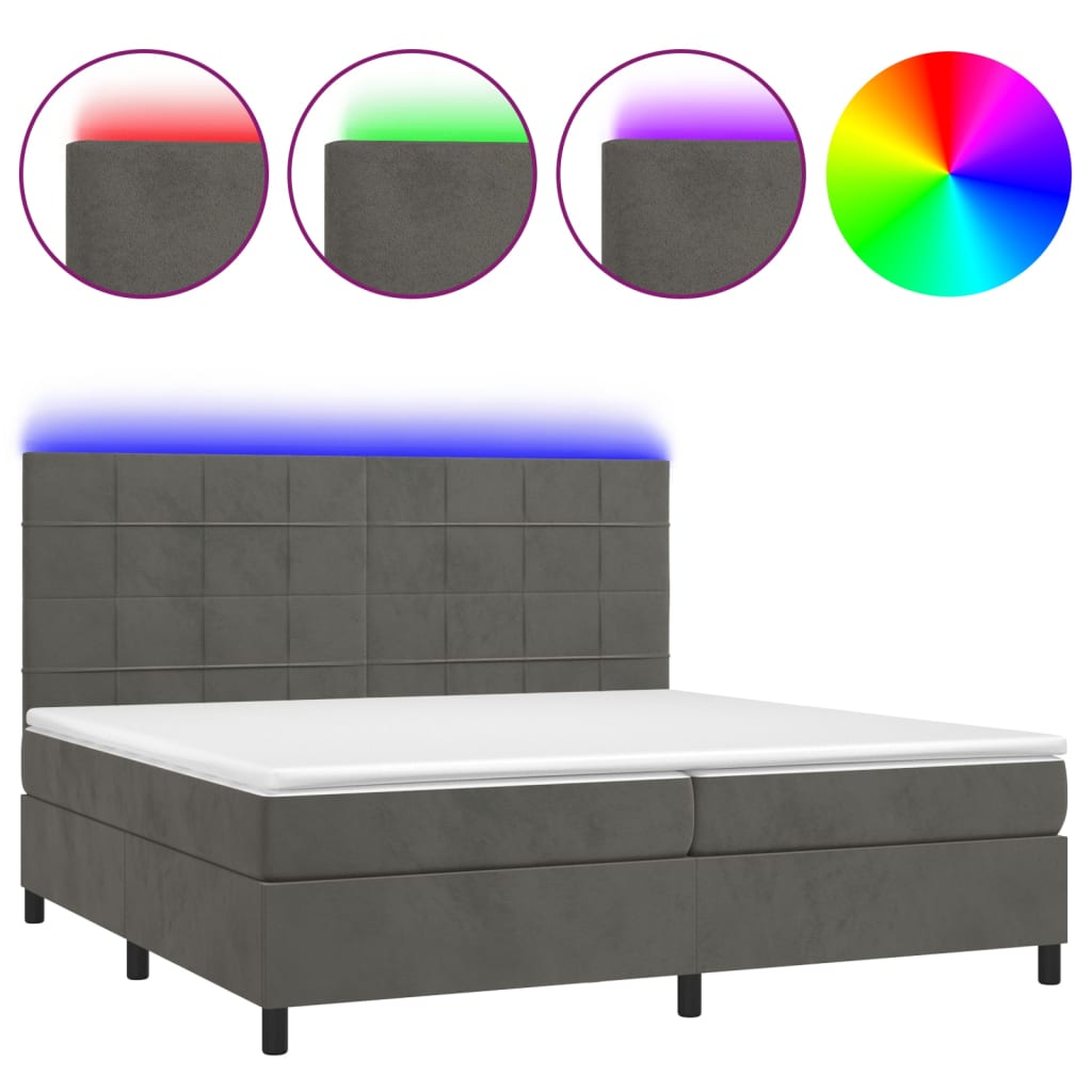Krevet box spring s madracem LED tamnosivi 200x200 cm baršun