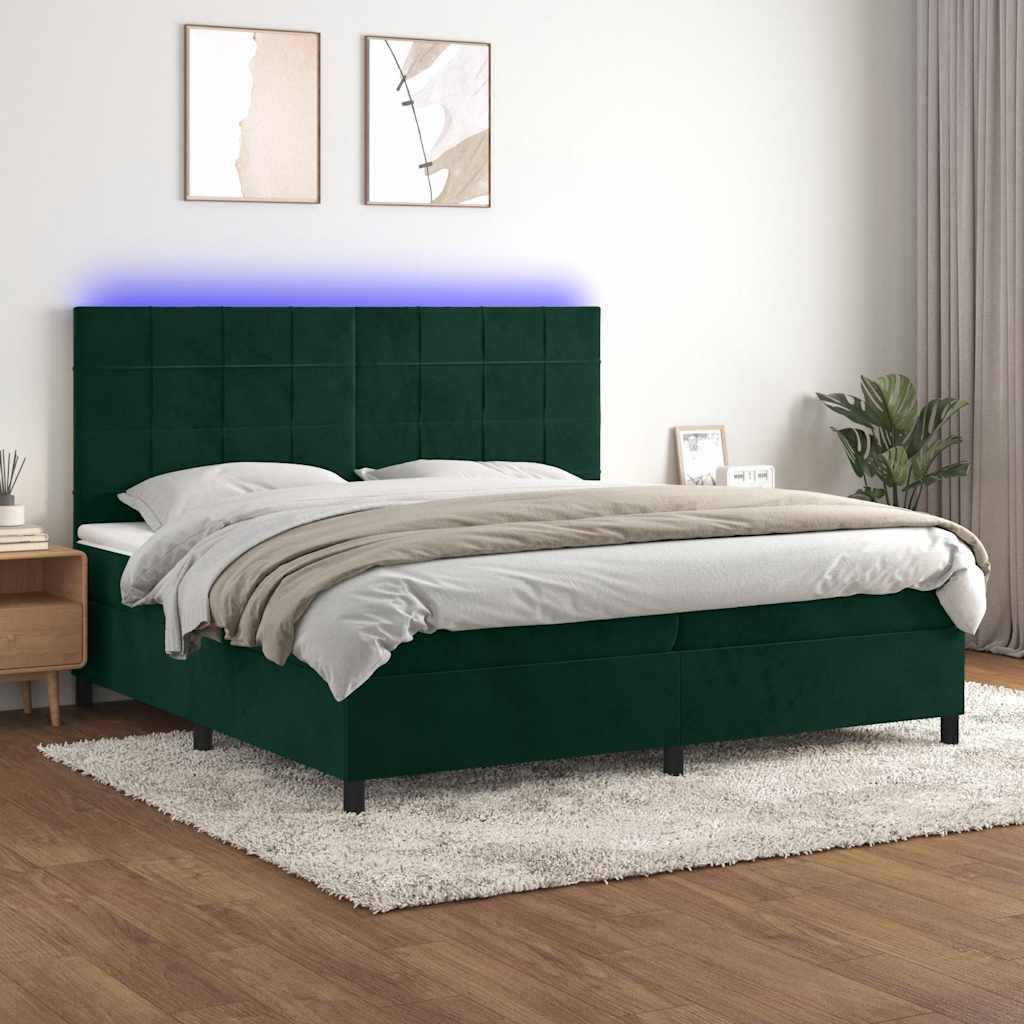 Krevet box spring s madracem LED tamnozeleni 200x200 cm baršun