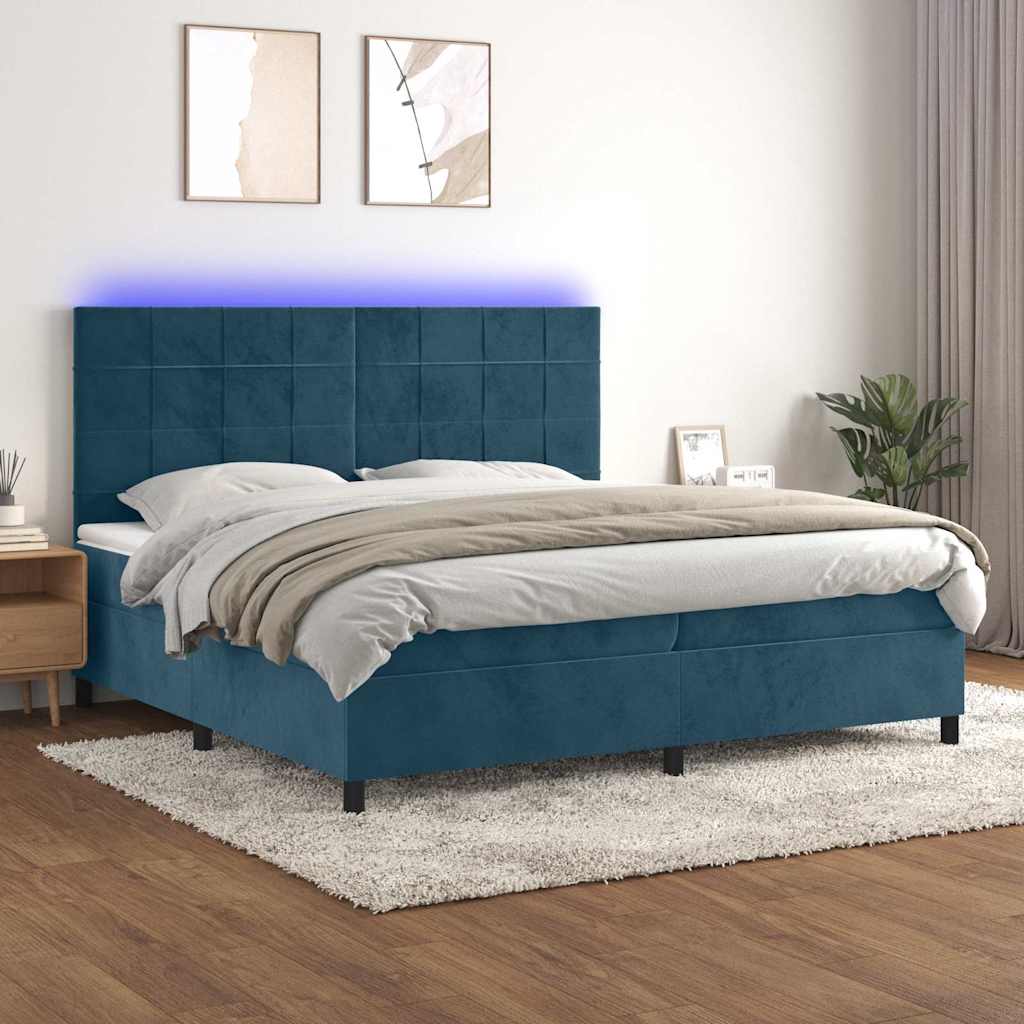 Krevet box spring s madracem LED tamnoplavi 200x200 cm baršun