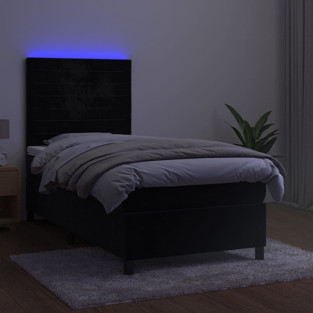 Krevet box spring s madracem LED crni 90x190 cm baršun