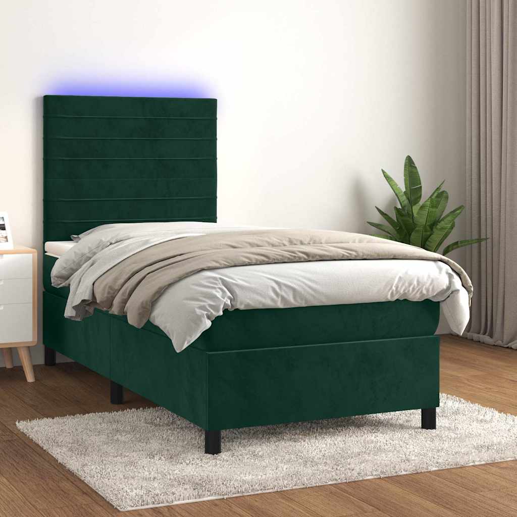 Krevet box spring s madracem LED tamnozeleni 90x190 cm baršun
