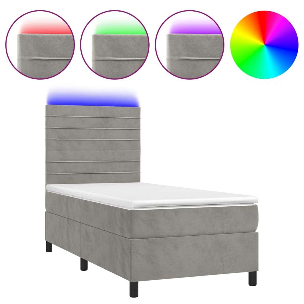 Krevet box spring s madracem LED svjetlosivi 90x200 cm baršun
