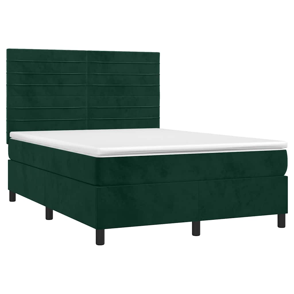 Krevet box spring s madracem LED tamnozeleni 140x190 cm baršun