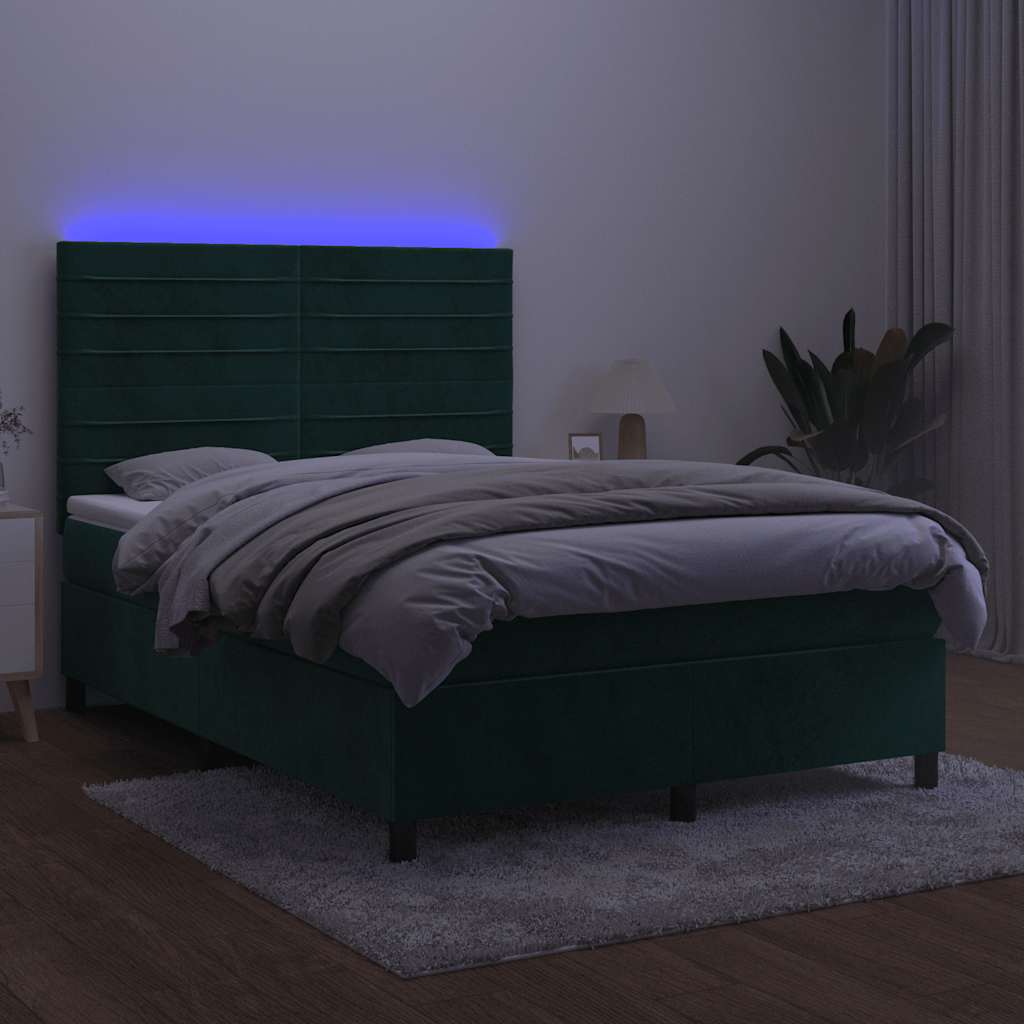 Krevet box spring s madracem LED tamnozeleni 140x190 cm baršun