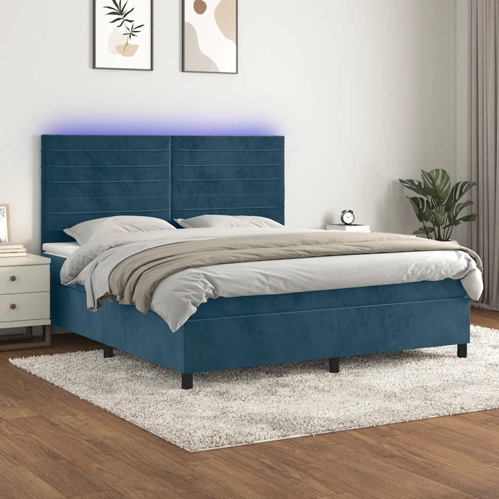 Krevet box spring s madracem LED tamnoplavi 160x200 cm baršun