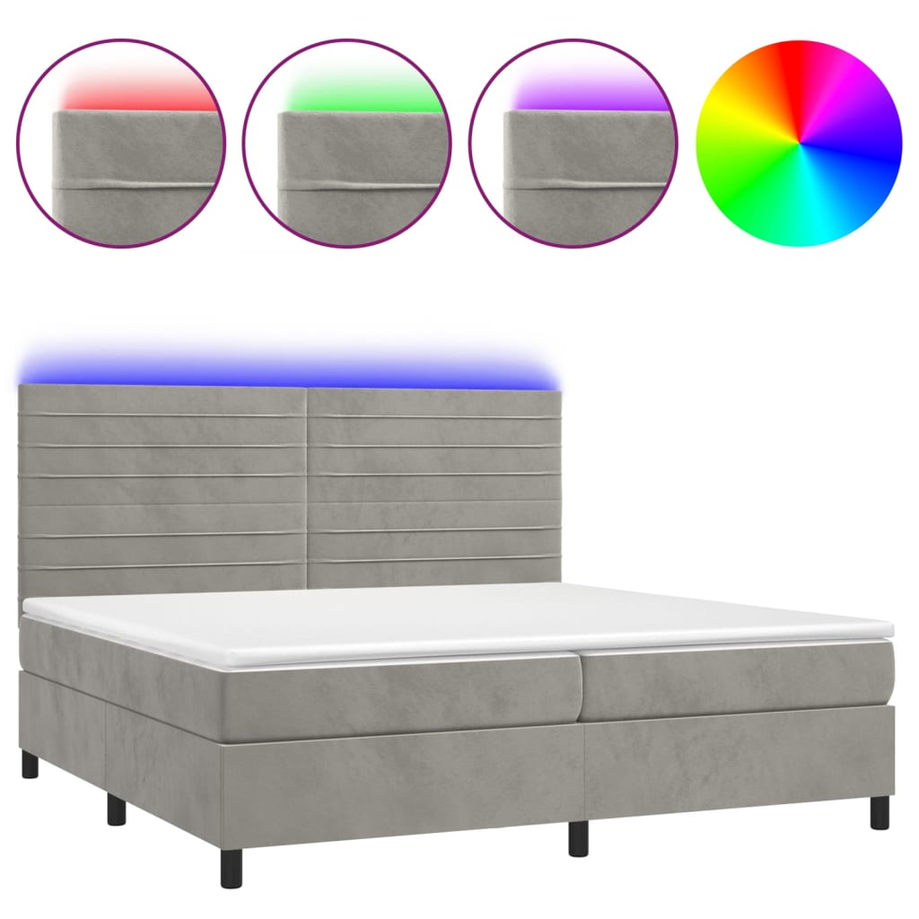 Krevet box spring s madracem LED svjetlosivi 200x200 cm baršun