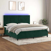 Krevet box spring s madracem LED tamnozeleni 200x200 cm baršun
