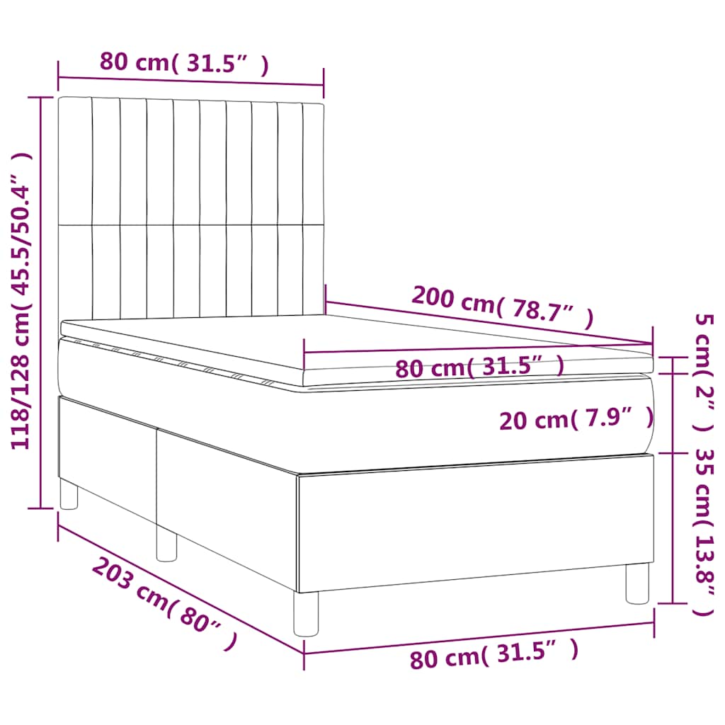 Krevet box spring s madracem LED tamnozeleni 80 x 200 cm baršun