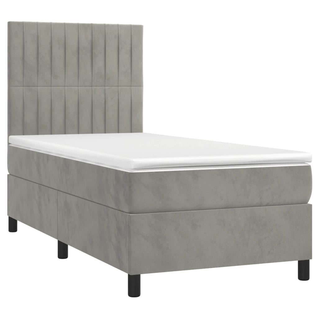 Krevet box spring s madracem LED svjetlosivi 90x200 cm baršun