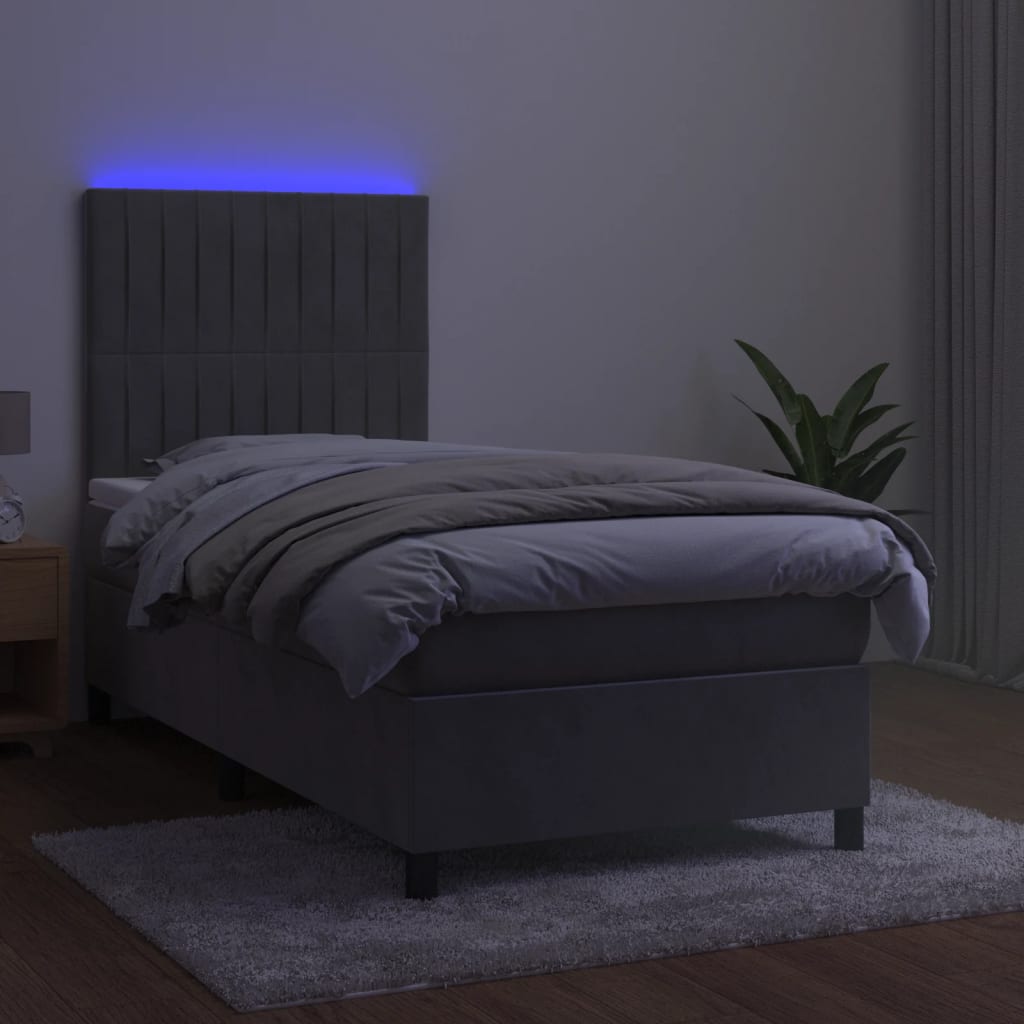 Krevet box spring s madracem LED svjetlosivi 90x200 cm baršun