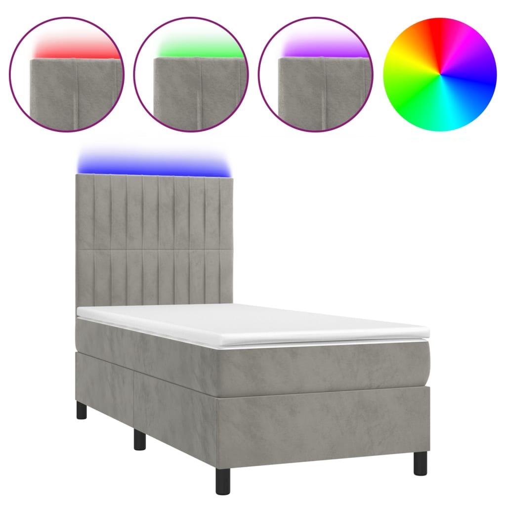 Krevet box spring s madracem LED svjetlosivi 100x200 cm baršun