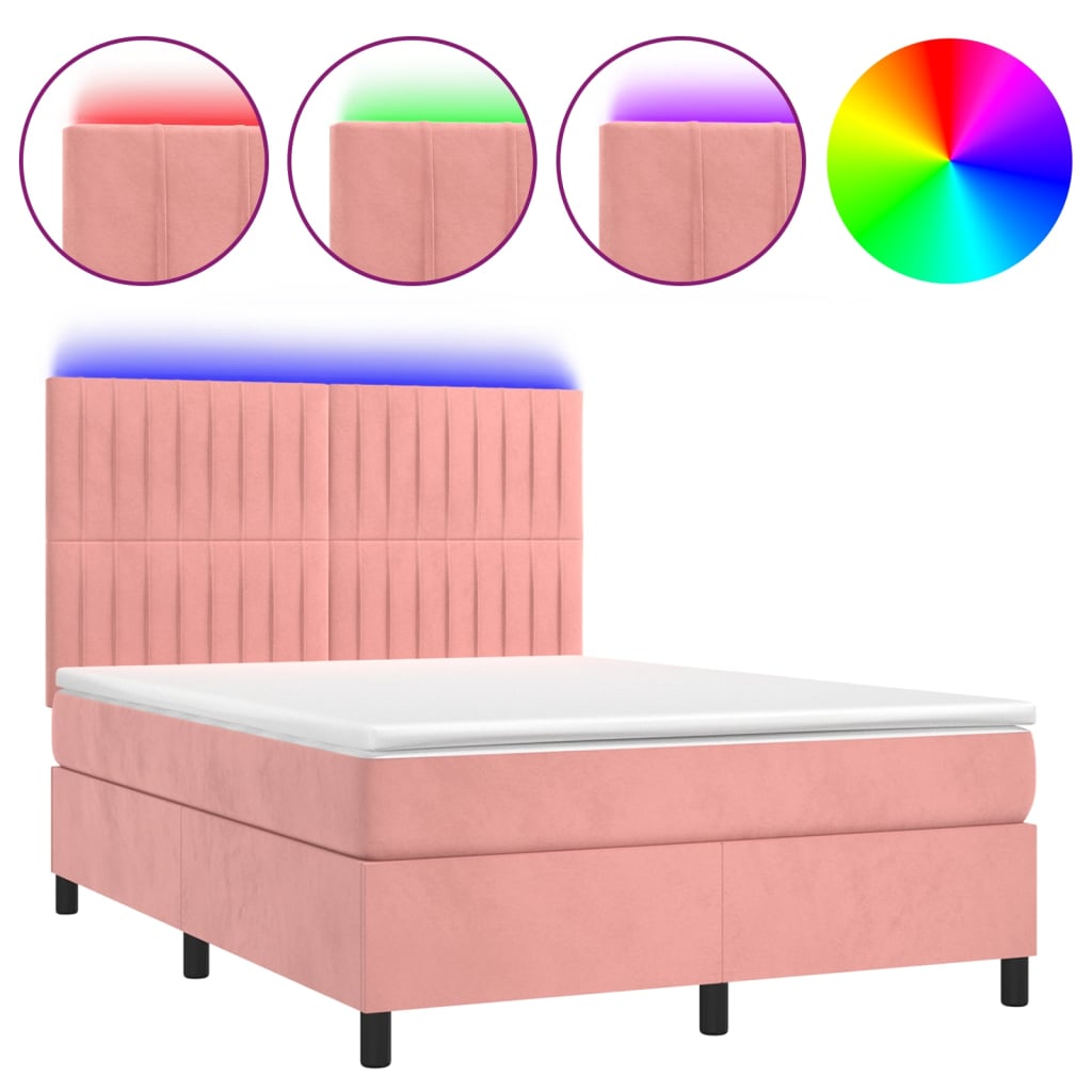 Krevet box spring s madracem LED ružičasti 140x190cm baršunasti
