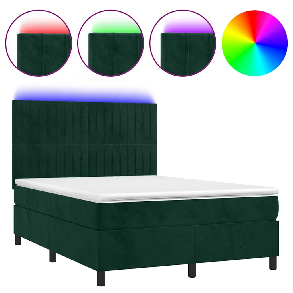 Krevet box spring s madracem LED tamnozeleni 140x200 cm baršun
