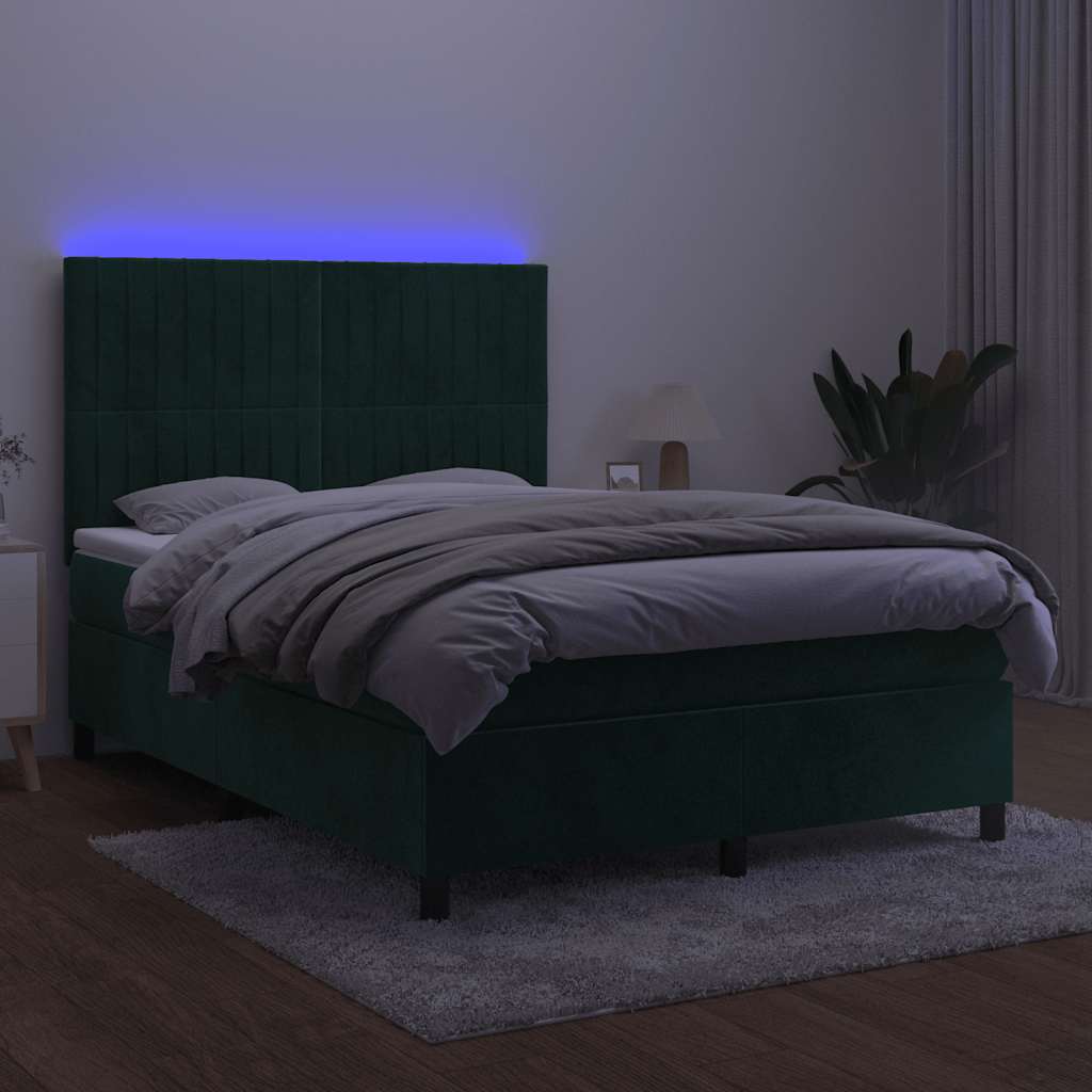 Krevet box spring s madracem LED tamnozeleni 140x200 cm baršun