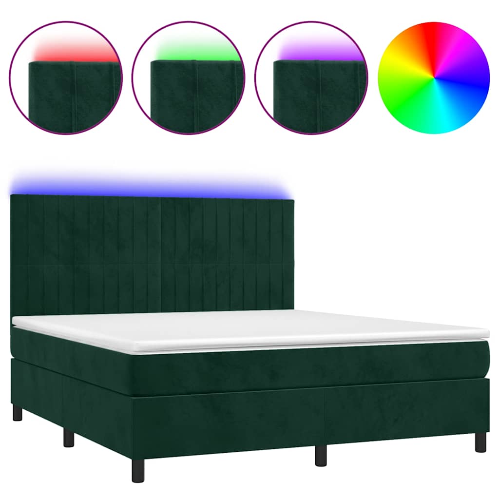 Krevet box spring s madracem LED tamnozeleni 180x200 cm baršun
