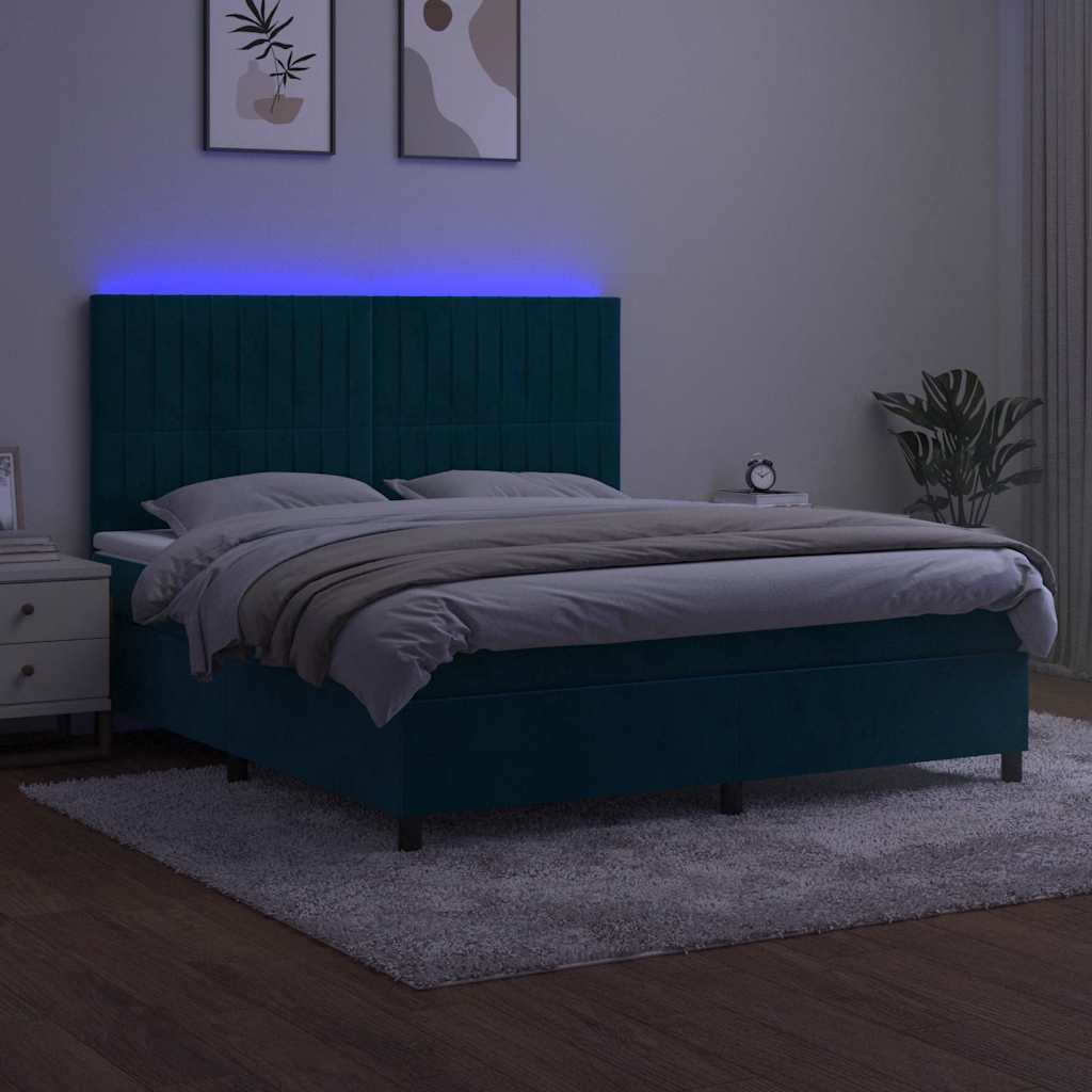 Krevet box spring s madracem LED tamnoplavi 180x200 cm baršun