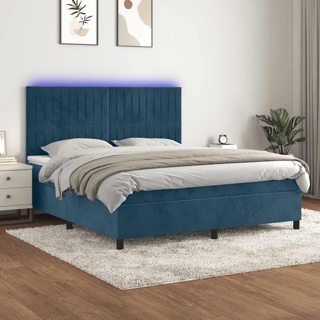 Krevet box spring s madracem LED tamnoplavi 180x200 cm baršun