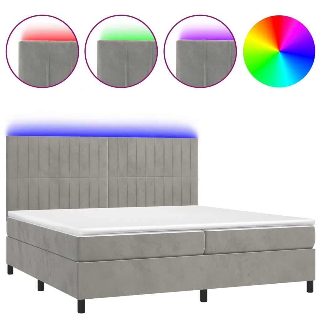 Krevet box spring s madracem LED svjetlosivi 200x200 cm baršun