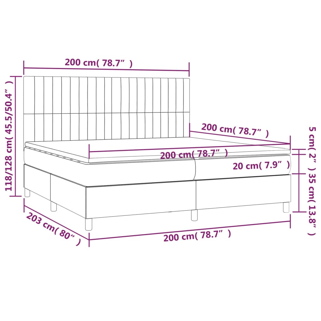 Krevet box spring s madracem LED svjetlosivi 200x200 cm baršun