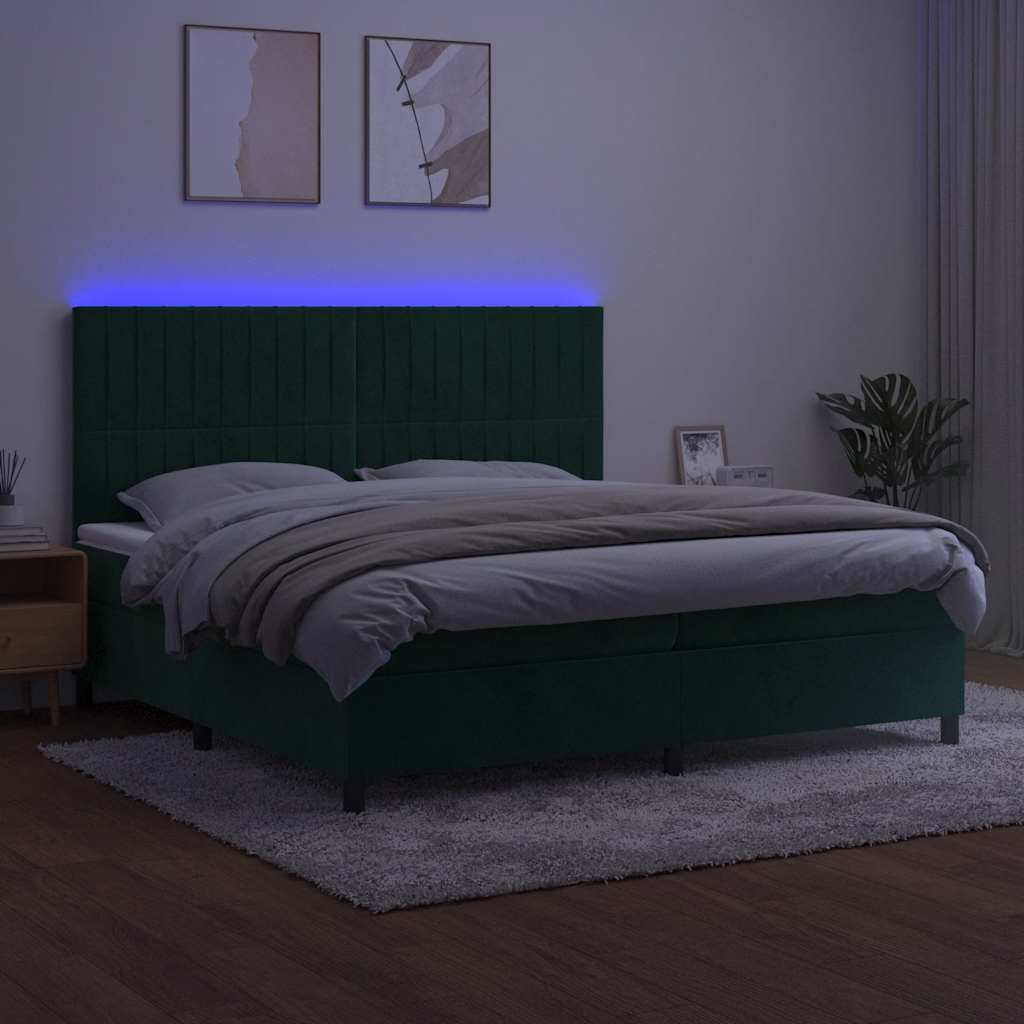 Krevet box spring s madracem LED tamnozeleni 200x200 cm baršun