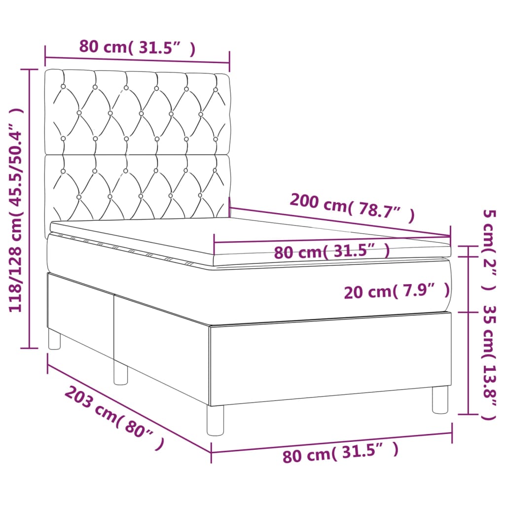 Krevet box spring s madracem LED tamnosivi 80 x 200 cm baršun