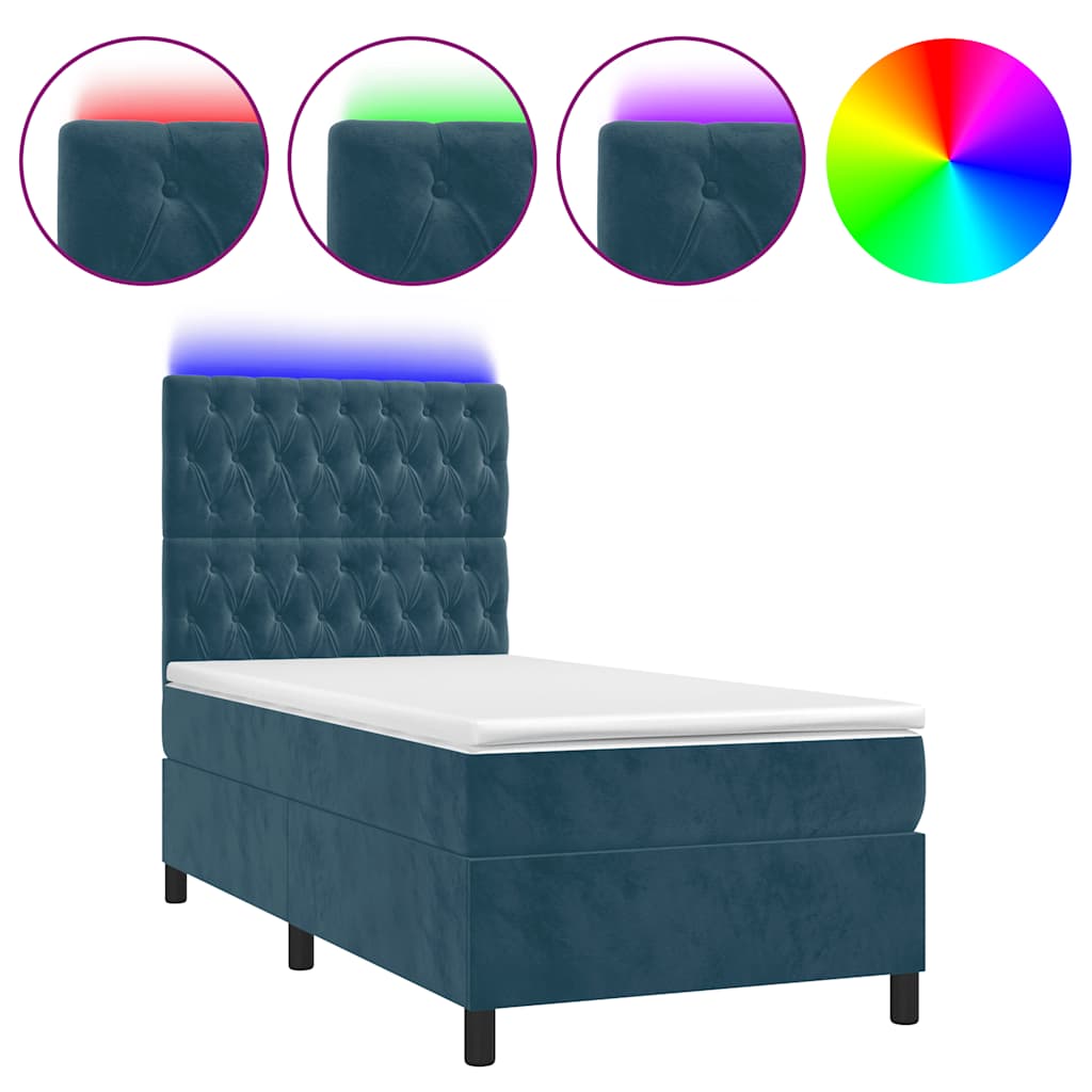 Krevet box spring s madracem LED tamnoplavi 90x200 cm baršun