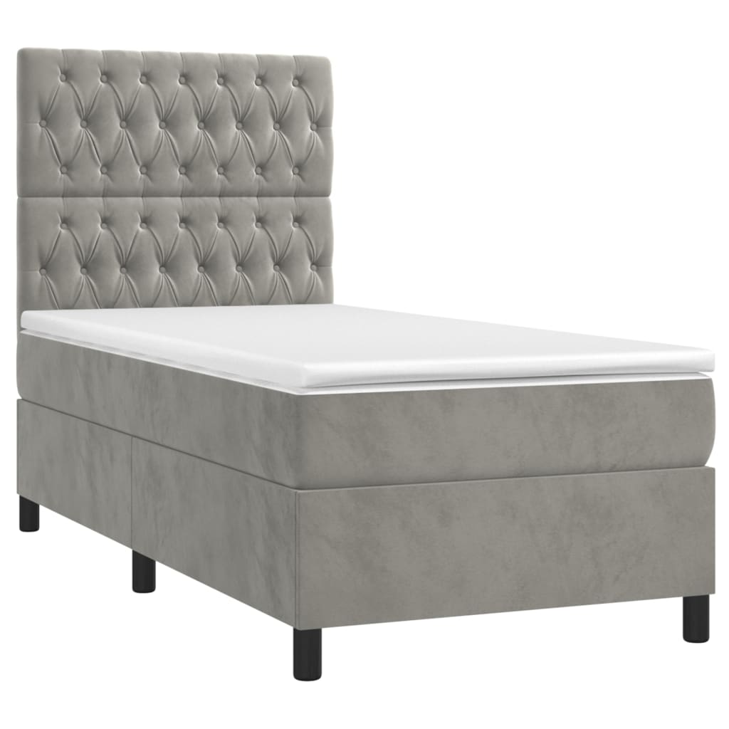 Krevet box spring s madracem LED svjetlosivi 100x200 cm baršun