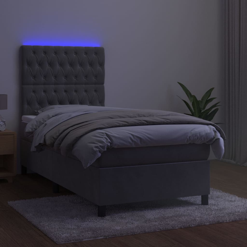 Krevet box spring s madracem LED svjetlosivi 100x200 cm baršun