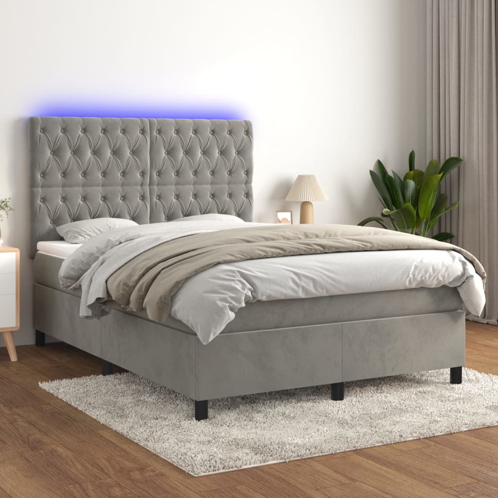 Krevet box spring s madracem LED svjetlosivi 140x190 cm baršun