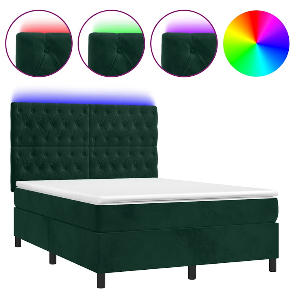 Krevet box spring s madracem LED tamnozeleni 140x190 cm baršun