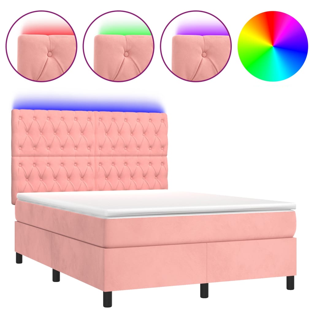 Krevet box spring s madracem LED ružičasti 140x190cm baršunasti